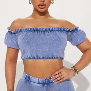 Light Wash Mineral Scrunch Strapless Off Shoulder Short Sleeve Crop Bandeau Top